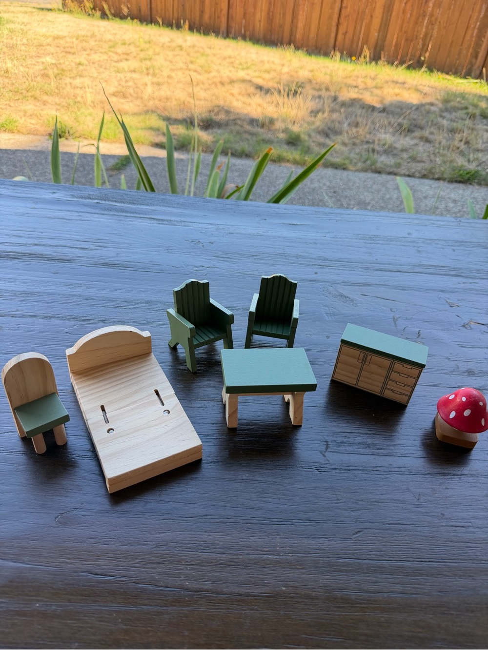 Wooden Kids Dollhouse Furniture Set in Green and Natural